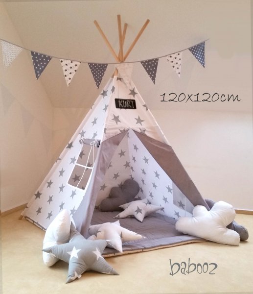 Tipi 120 weiß mit grauen Sternen:grau mit Fenster und Decke