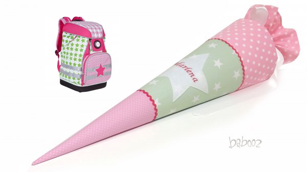 Schultüte mit Namen, Polka Dots rosa : mint mit Sternen